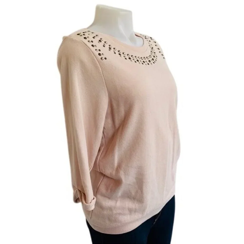 H&M Rhinestone Sweatshirt Light Pink 3/4 Sleeve Sweater Size S - Picture 3 of 11